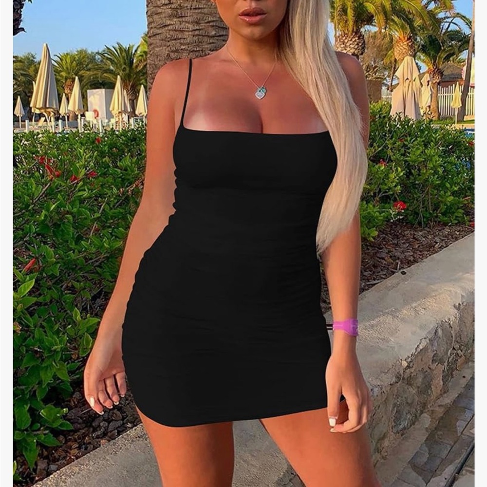 hot black spaghetti strap short party going out bar summer dress - Picture 3 of 4